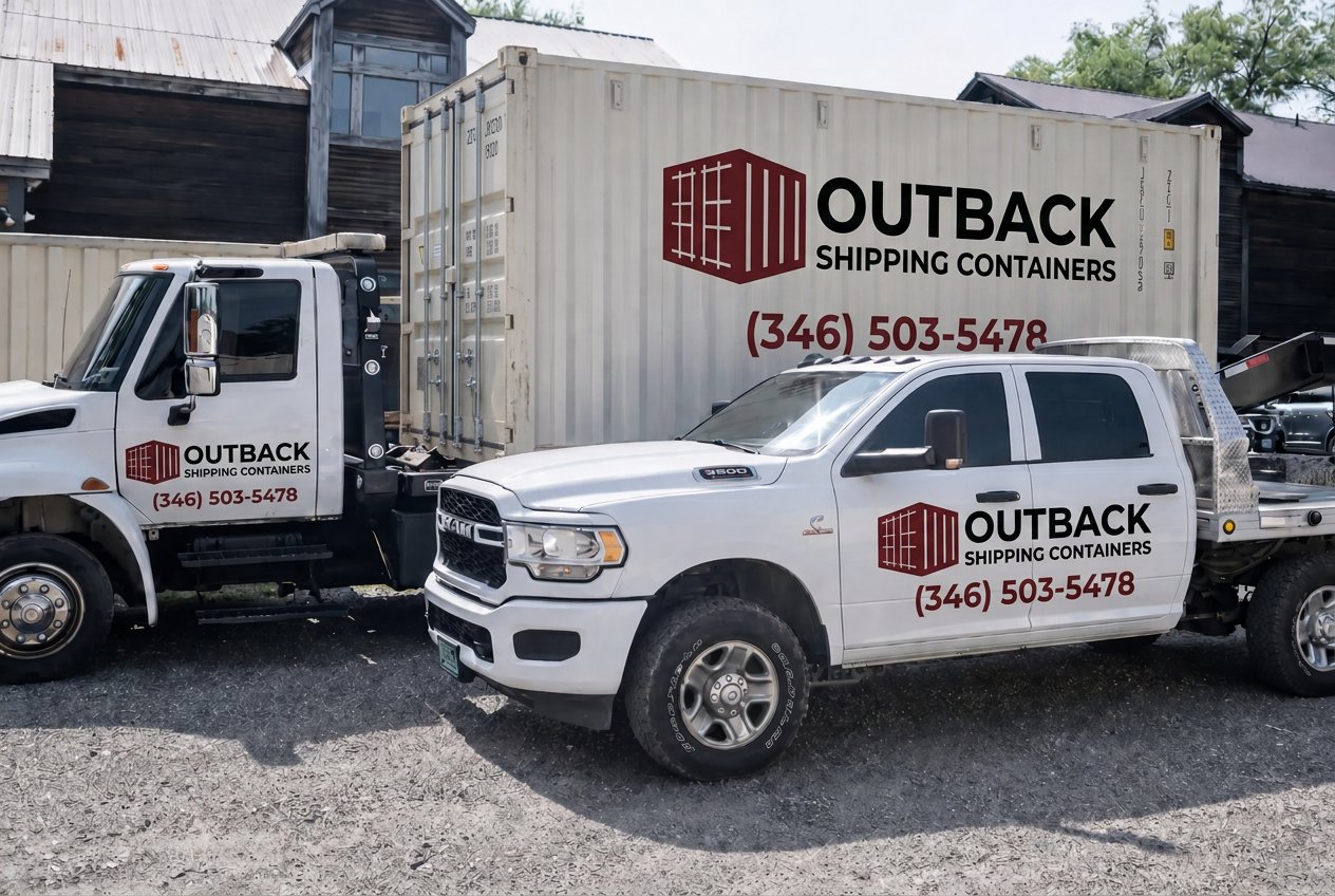 Sheridan Containers delivery fleet — branded flatbed truck and Ram 3500 pickup parked beside a 20ft shipping container at the company yard